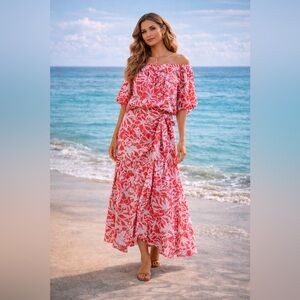 NWT Tyler Boe 2-piece set coral matching floral blouse & faux wrap skirt ~ large